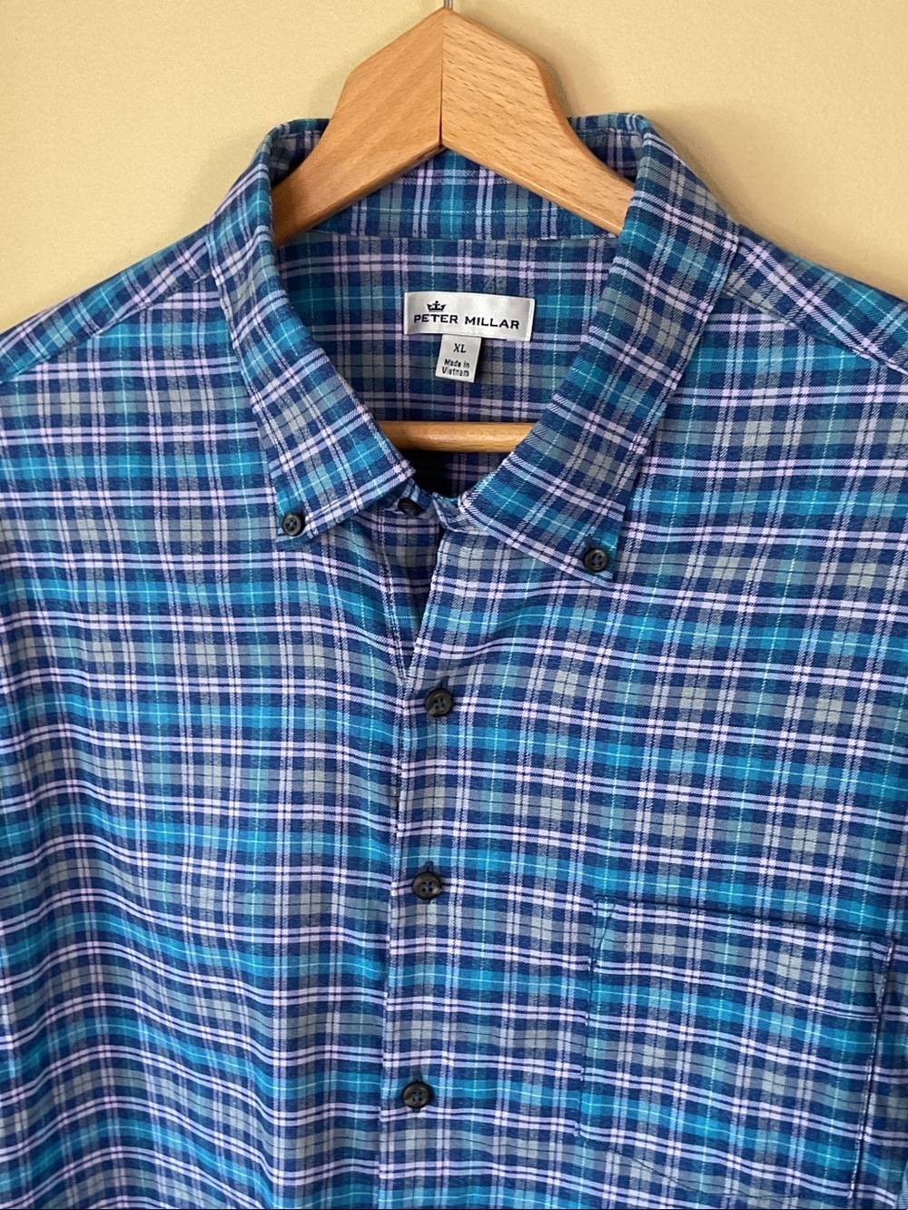 Peter Millar Men’s Teal and Navy Plaid Button-Down Shirt size XL